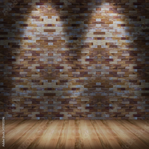 Brown wooden floor and red brick wall decoration design light and shadow. Room background. Abstract wallpaper background backdrop.