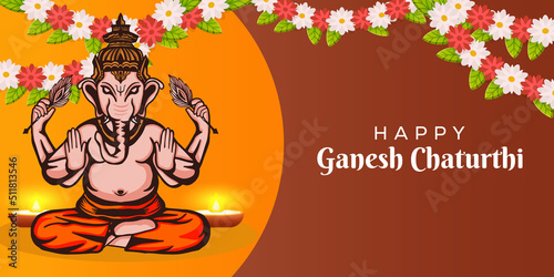 Ganesh chaturthi festival banner poster with flowers and lord Ganesh © Slow Area