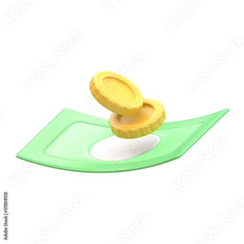 banknotes and coins for payment 3d rendering illustration