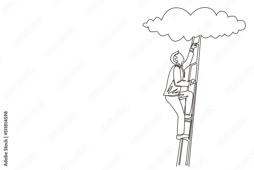 Continuous one line drawing businessman climbing up career ladder to cloud. Successful rising business development. Professional growth and promotion. Single line design vector graphic illustration