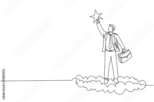 Continuous one line drawing success businessman reaching and grab precious star. Business champion succeed to get reward, winning star employee, career path, dream job. Single line draw design vector