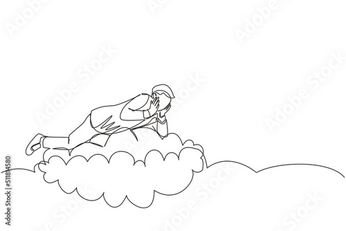 Continuous one line drawing dreamer. Businessman lay on the clouds and dreaming or thinking something about new business. Young man lying on the cloud. Single line design vector graphic illustration