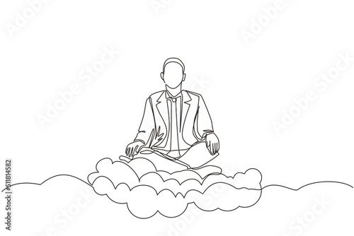Continuous one line drawing office worker or businessman relaxes and meditates in lotus position on clouds. Cheerful man relaxing with yoga or meditation pose. Single line draw design vector graphic
