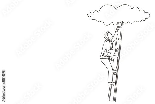 Continuous one line drawing businessman climbing up career ladder to cloud. Successful rising business development. Professional growth and promotion. Single line design vector graphic illustration