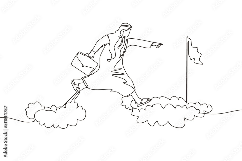 Continuous one line drawing fearless brave Arabic businessman make risk by jump over clouds to reach his success target or flag. Challenge of his career. Single line design vector graphic illustration