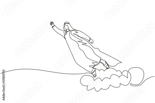 Single continuous line drawing Arab businessman superhero flies up and leaves cloud of dust. Super worker in cloak takes off. Power and uniqueness business concept. One line draw graphic design vector