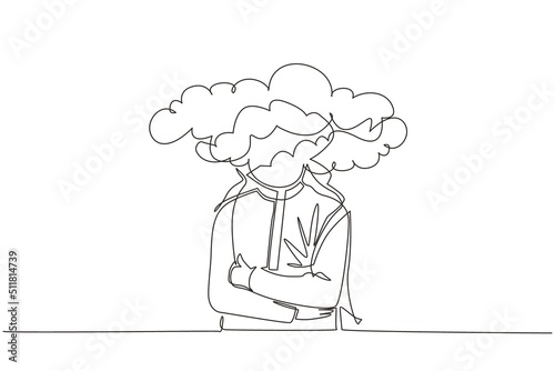 Continuous one line drawing cloud head businessman. Arab man with empty head and cloud instead. Distracted, daydreaming, absent and impractical concept. Single line design vector graphic illustration