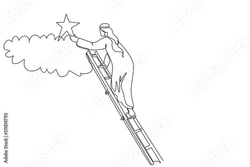 Single one line drawing Arab businessman is standing on stairs and reaching star on the sky. Goals and dreams. Business, career, achievement concept. Continuous line design graphic vector illustration