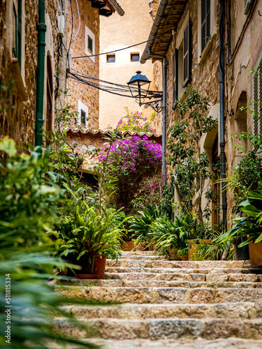 Portrait of cobbled staircase named Carrer Metge Mayol in the center of the mountain village Fornalutx, lined with potted plants, purple flowers and traditional stone houses of Mallorca at a daytime. photo