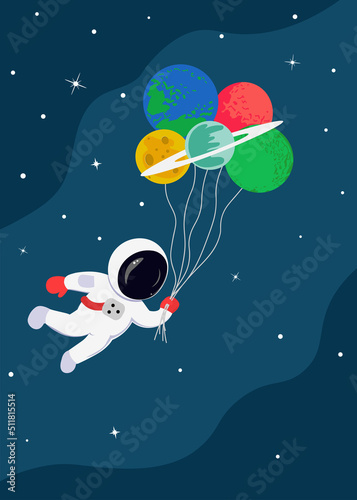 Astronaut floating with planets like balloons in cute flat cartoon style. Vector illustration for kids birthday party 5x7 invitation card design, poster, copy space for your text.