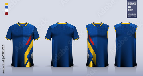 Blue T-shirt sport, Soccer jersey, football kit, basketball uniform, tank top, and running singlet mockup. Fabric pattern design. Vector.