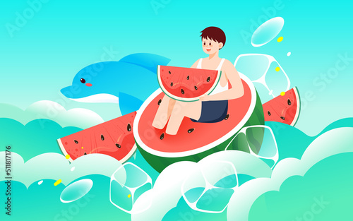 Summer character sits on watermelon and eats watermelon to relieve the heat, with ice cubes and plants in the background, vector illustration