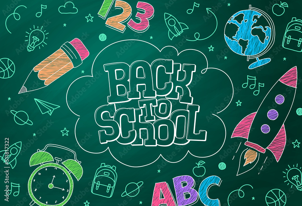 Back to school text vector background. Hand drawn typography with educational icons and symbols in chalkboard background design. Vector Illustration.
 - obrazy, fototapety, plakaty 