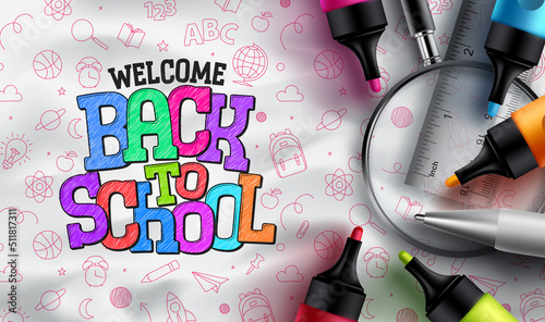 Welcome back to school vector design. Back to school in colorful text with color pen art elements in doodle background. Vector Illustration.
