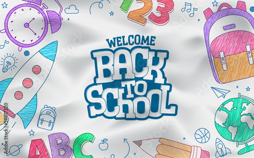 Back to school hand drawn vector design. Welcome back to school text with hand drawing icons and elements for educational background. Vector Illustration. 