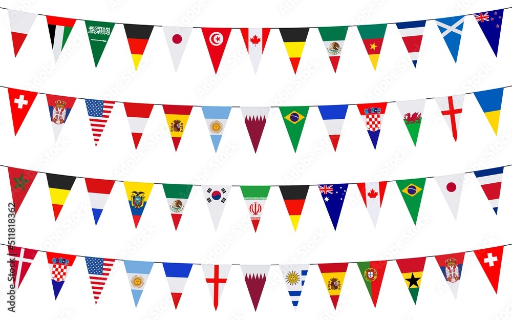 Obraz premium Garlands with pennants of different countries isolated on a white background