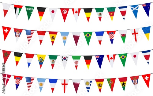 Garlands with pennants of different countries isolated on a white background