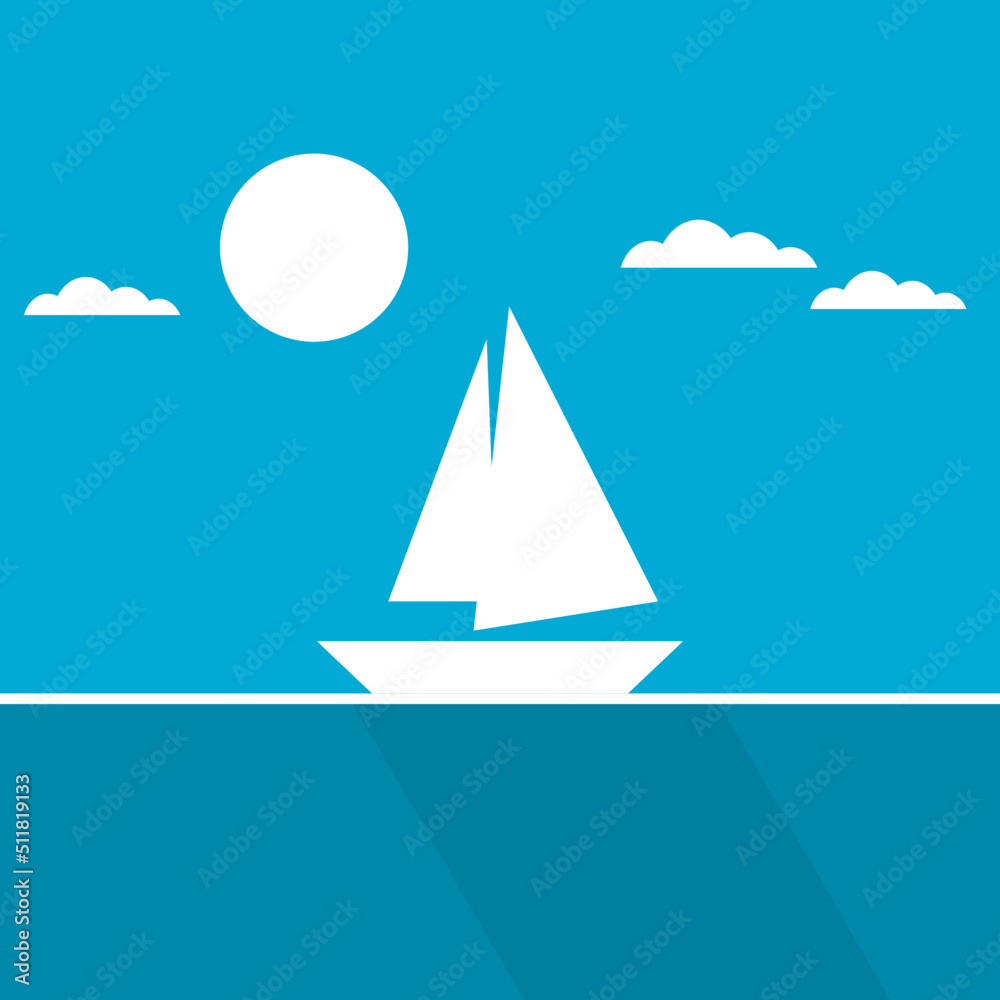 White sailboat floating in blue ocean sea with cloud and sun blue sky in day time flat vector design.