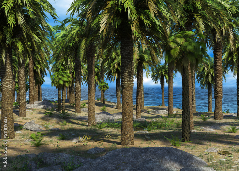 Fototapeta premium 3D Palm trees on island and blue sky