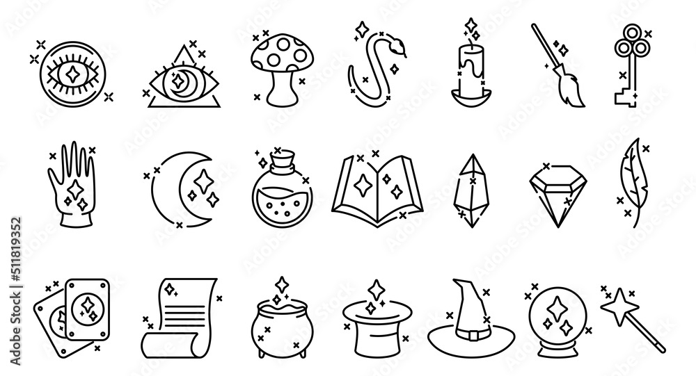 Magician icons. Fortune hat, genie, rabbit and bottle of potion, mystery objects, alchemy and esoteric book. Witch broom and cauldron, crystal and tarot cards, vector illustration line symbols