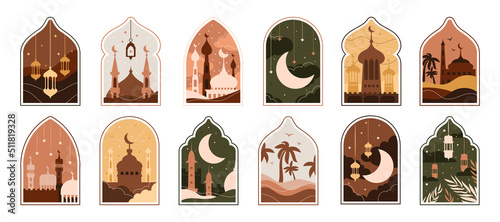 Ramadan Eid Mubarak. Modern Islamic pattern. Ramzan post art with Boho arch. Card with Arabian mosque towers and moon. Religious holiday. Night landscape. Vector design illustration set © Natalia