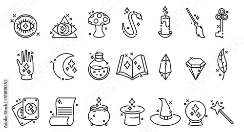 Magician icons. Fortune hat, genie, rabbit and bottle of potion, mystery objects, alchemy and esoteric book. Witch broom and cauldron, crystal and tarot cards, vector illustration line symbols