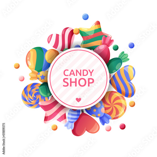 Sweet candy background. 3d lollipop round frame for shop, sugar sticks with sprinkles, caramel cane borders, tasty pink confectionery logotype or emblem. Realistic vector template