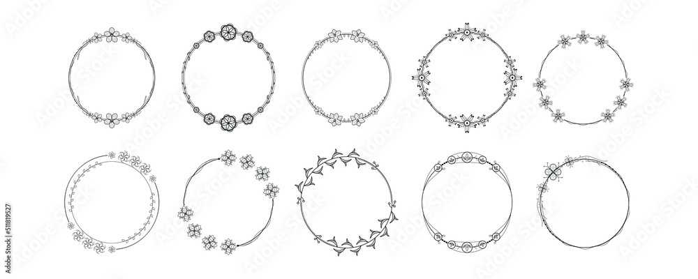 Set Black Simple Line Collection Doodle Round Floral Frame Leaves Elements Vector Design Style Sketch Isolated Illustration For Banner Set Black Simple Line Collection Doodle Round Floral Frame Leaves Elements Vector Design Style Sketch Isolated Illustration For Banner