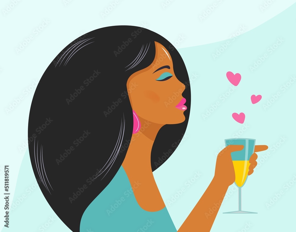 Stylish girl drinks love drink, wine. Design for banner, cover, poster in flat style. Woman enjoying a cocktail or juice in a bar, club or outdoors. Summer travel, parties, holidays. Vector design. Stylish girl drinks love drink, wine. Design for banner, cover, poster in flat style. Woman enjoying a cocktail or juice in a bar, club or outdoors. Summer travel, parties, holidays. Vector design.