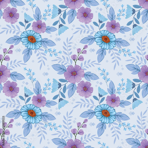 Blooming purple and blue flowers seamless pattern for fabric textile wallpaper