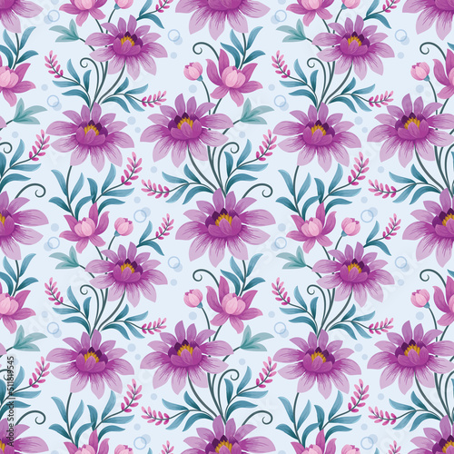 Blooming purple flowers seamless pattern for fabric textile wallpaper.