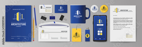 Architecture business card. Logo for real estate construction corporate. House company agency. Top view stationery and smartphone. Vector set of office accessories with identity icons