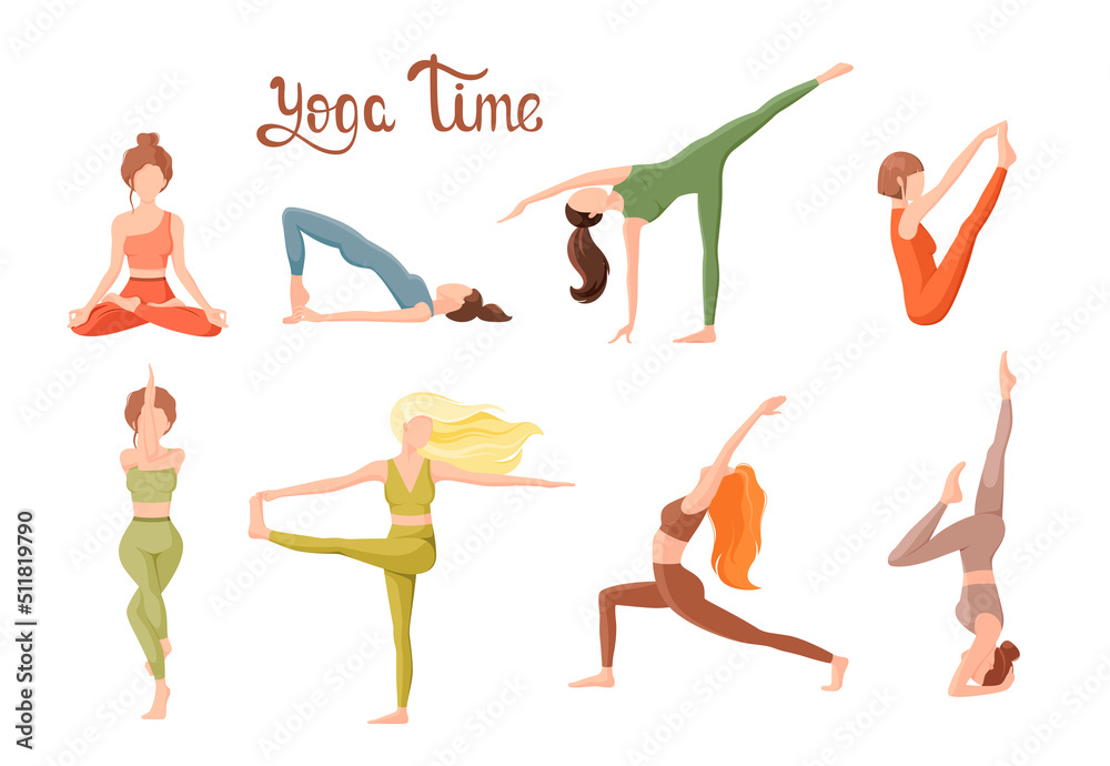 Women do yoga. A set of poses. Cartoon design.
