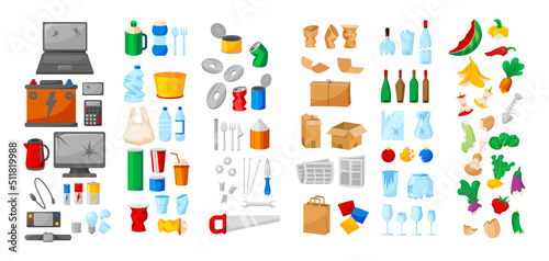 Garbage objects. Rubbish sorting. Plastic, metal and organic landfill. Waste classification for litter utilization and ecological litter reuse. Trash disposal and recycle vector set
