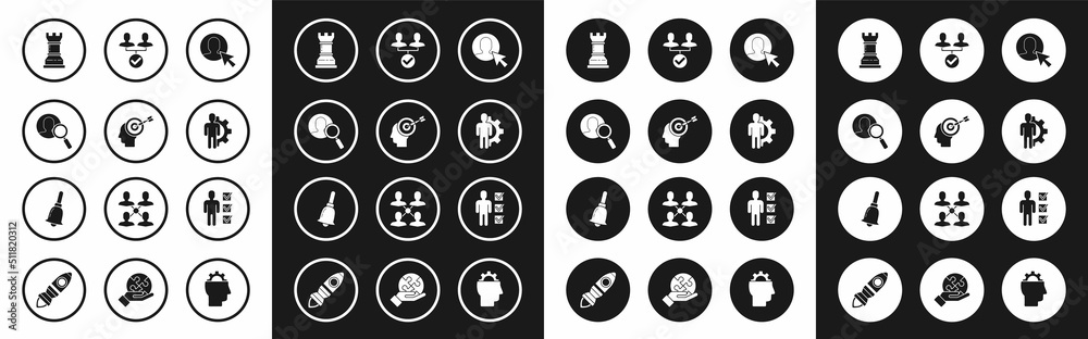 Set User of man in business suit, Head hunting concept, Magnifying glass for search people, Business strategy, Human with gear inside, Project team base, and Ringing bell icon. Vector Set User of man in business suit, Head hunting concept, Magnifying glass for search people, Business strategy, Human with gear inside, Project team base, and Ringing bell icon. Vector
