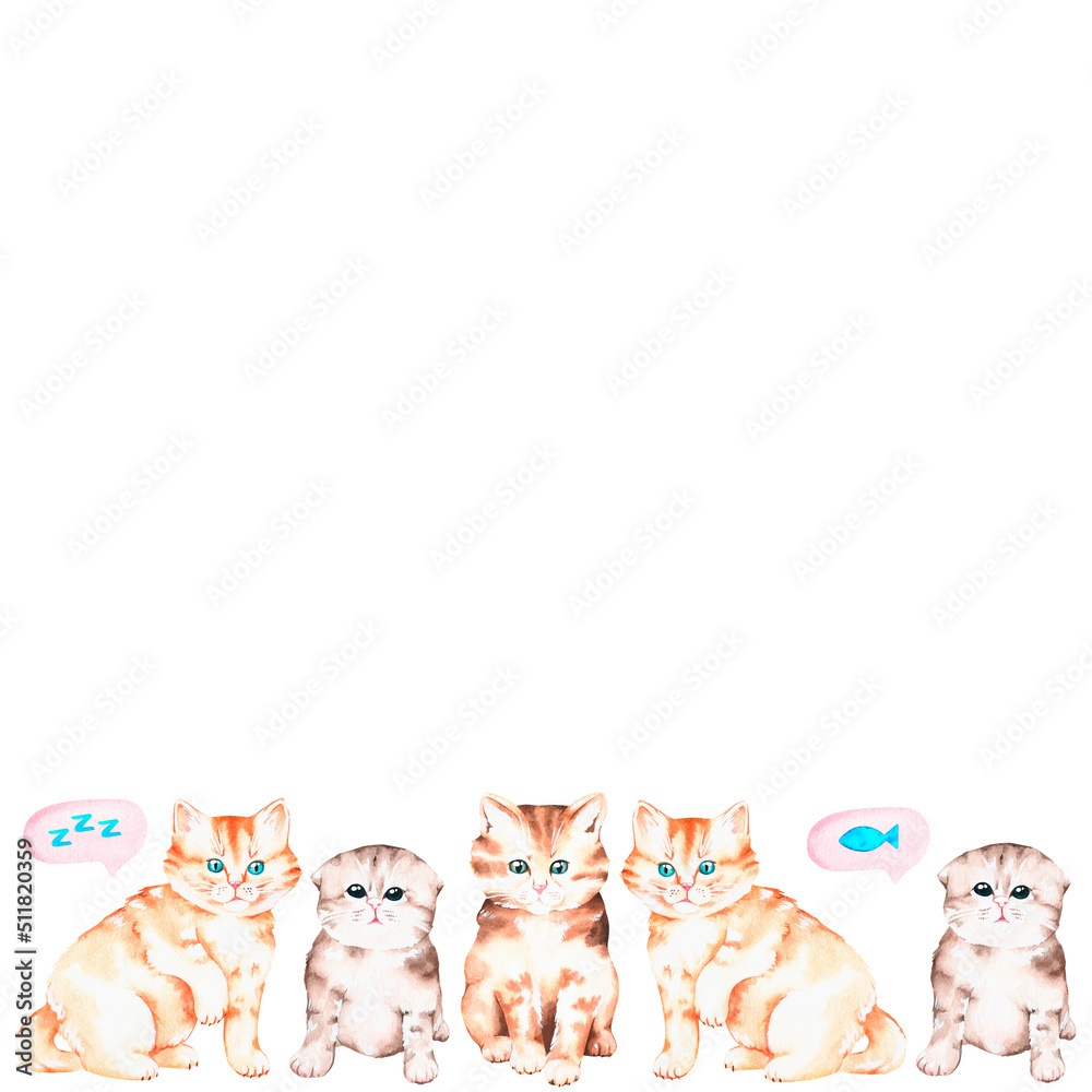 Fototapeta premium Kitty banner. Watercolor illustration. Isolated on a white background. For design.