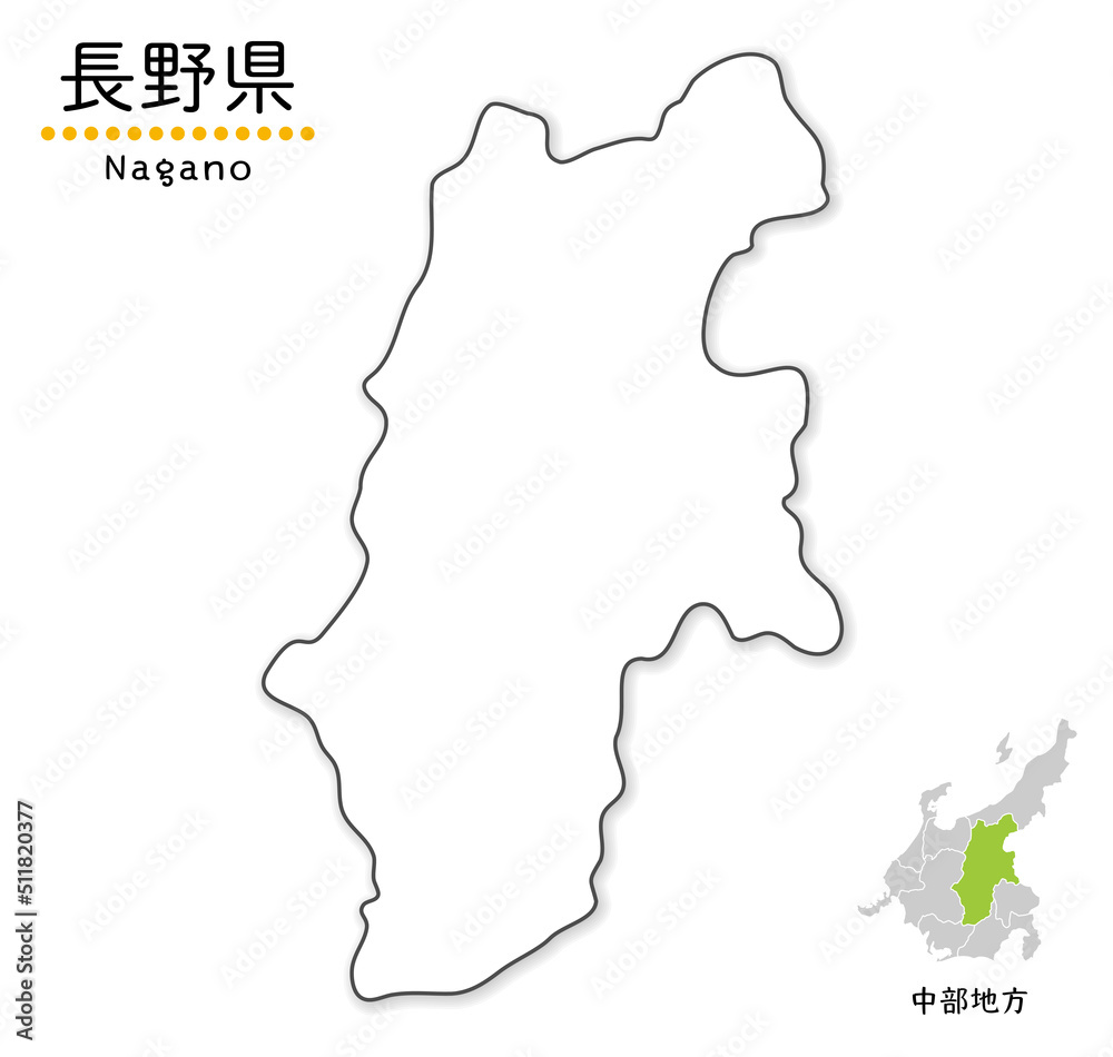 長野県のシンプルな白地図、単純化した線画、地方と位置