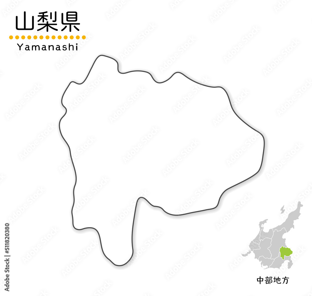 山梨県のシンプルな白地図、単純化した線画、地方と位置 山梨県のシンプルな白地図、単純化した線画、地方と位置