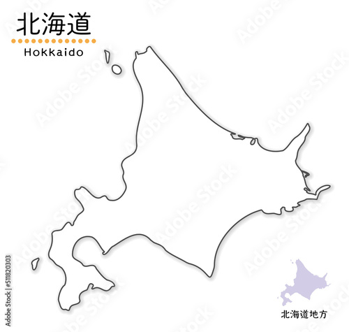 北海道のシンプルな白地図、単純化した線画、地方名