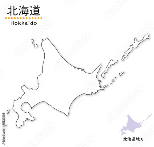 北海道のシンプルな白地図、北方四島を含めた全体図、単純化した線画