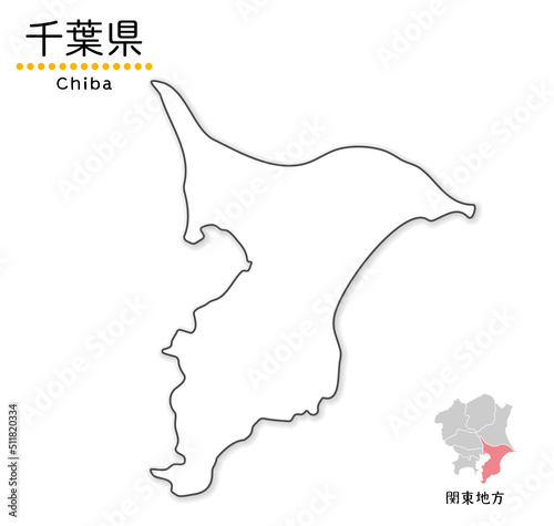 千葉県のシンプルな白地図、単純化した線画、地方と位置 photo