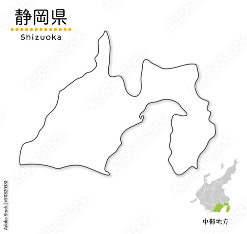 静岡県のシンプルな白地図、単純化した線画、地方と位置