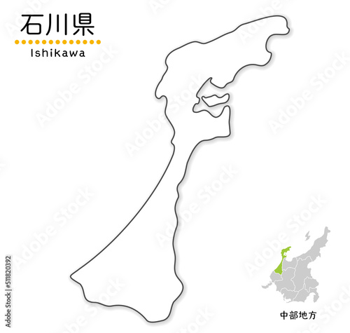 石川県のシンプルな白地図、単純化した線画、地方と位置