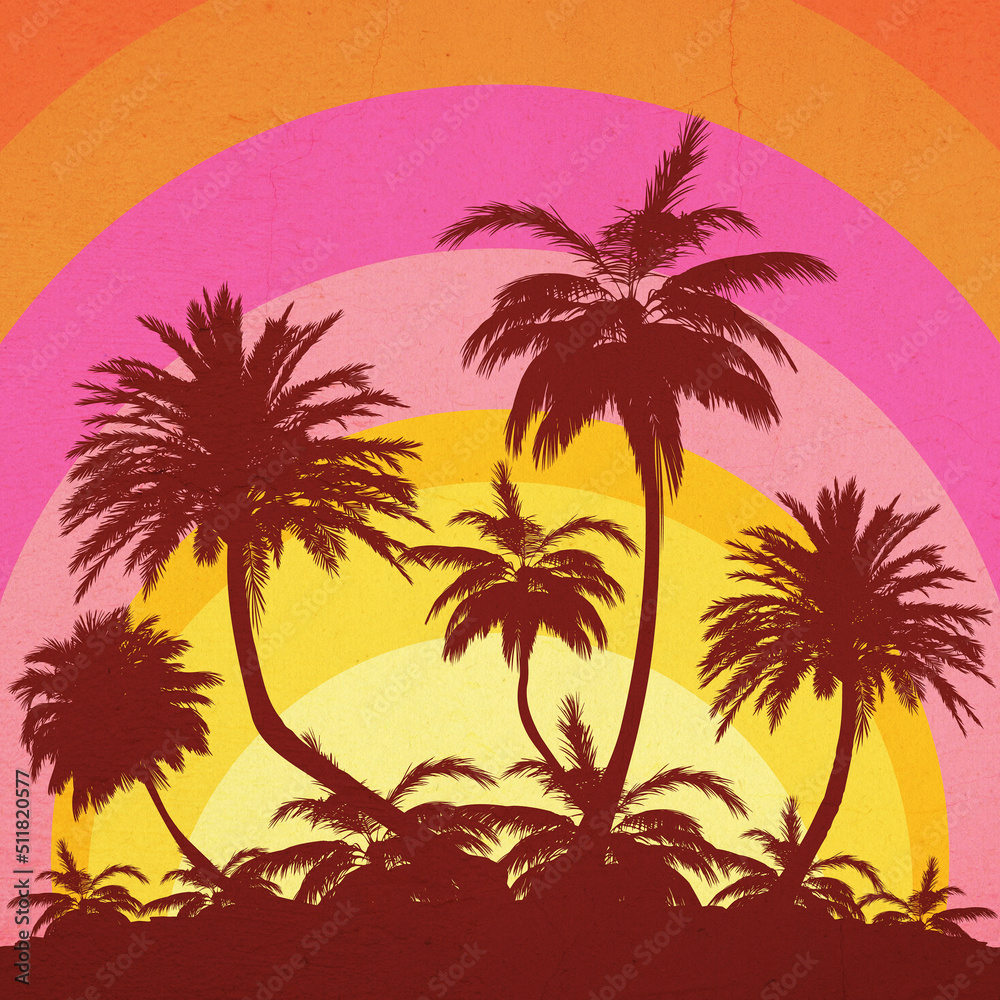 Palm trees on island grunge retro poster