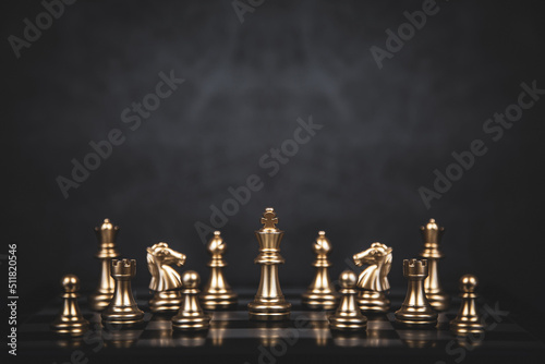 Close up king chess stand concept of team player or business team and leadership strategy or strategic planning and human resources organization risk management.