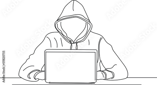 Hacker silhouette, Computer hacker vector, sketch drawing of hacking boy, line art illustration of website hacker