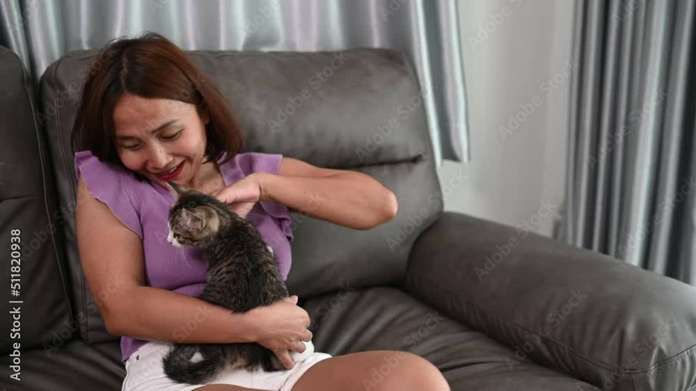 Asian girl with her cute cat,She play with kitten Asian girl with her cute cat,She play with kitten