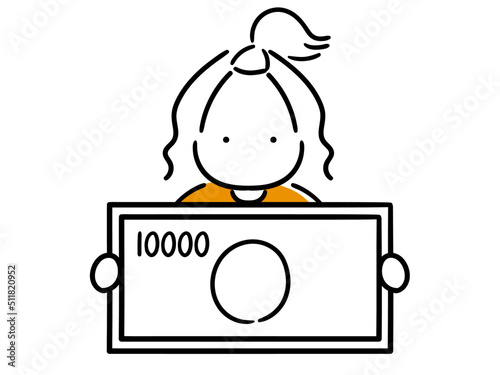 大きな一万円札を持つ若い女性のおしゃれ線画イラスト