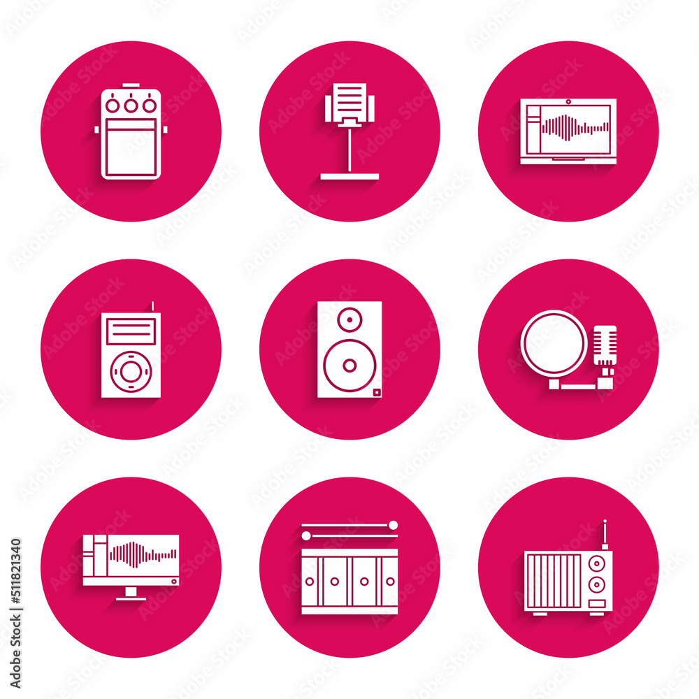 Set Stereo speaker, Drum with drum sticks, Radio antenna, Microphone, Sound or audio recorder monitor, Music MP3 player, laptop and Guitar pedal icon. Vector Set Stereo speaker, Drum with drum sticks, Radio antenna, Microphone, Sound or audio recorder monitor, Music MP3 player, laptop and Guitar pedal icon. Vector