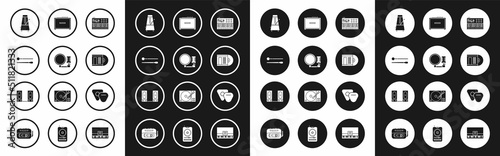 Set Music synthesizer, Microphone, Drum sticks, Metronome with pendulum in motion, Vinyl disk, Guitar amplifier, pick and Stereo speaker icon. Vector